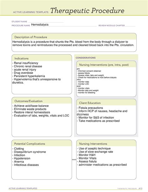 Hemodialysis ati template - 3 Critical Points Topics to Review Client Care Need Category Basic Care and Comfort Sub Concept Elimination Content Pressure Injury, Wounds, and Wound Management: Wound Irrigation for a Pressure Injury(Active Learning Template: Nursing Skill) 3 Critical Points 1.